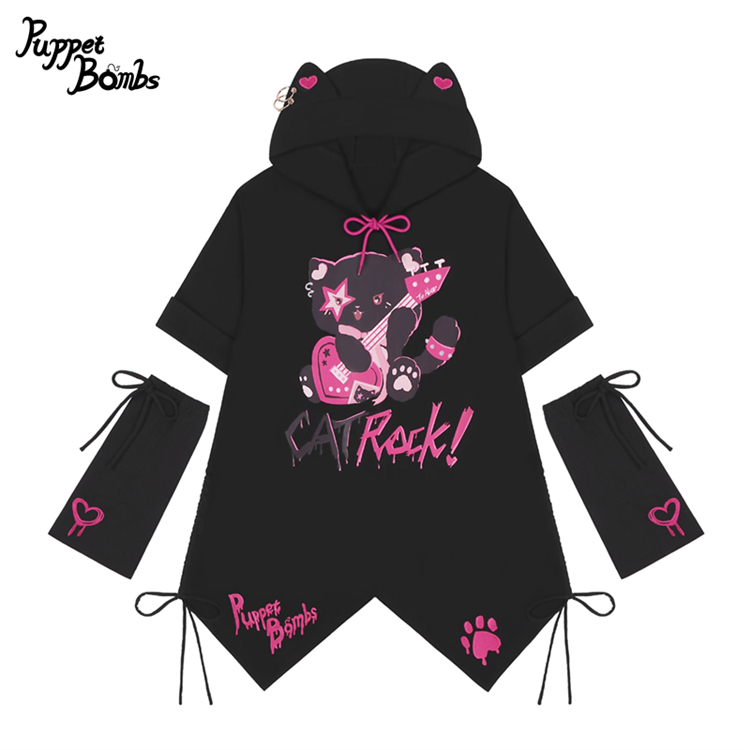 画像1: 【PuppetBombs】Q306 CAT ROCKねこみみフードワンピース【30%OFF】 (1)