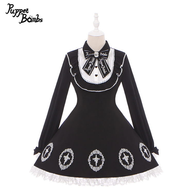 画像1: 【PuppetBombs】Q352 十字架刺繍入り長袖ワンピース (1)