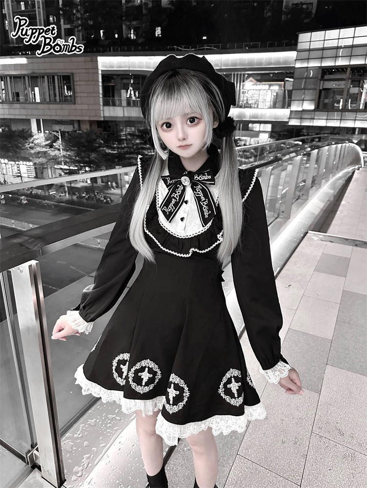 画像6: 【PuppetBombs】Q352 十字架刺繍入り長袖ワンピース (6)