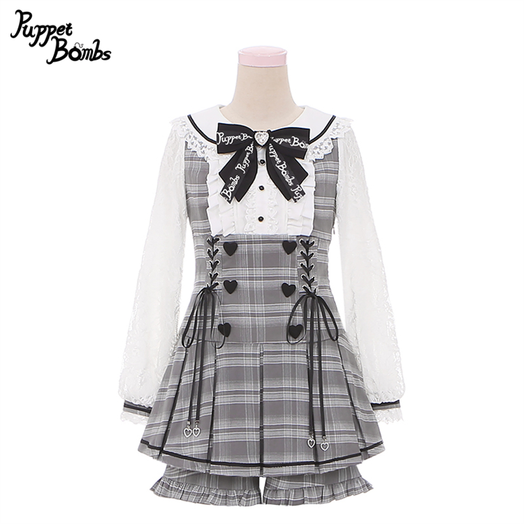 画像1: 【PuppetBombs】Q385 ハートボタンチェックレイヤード風セットアップ (1)