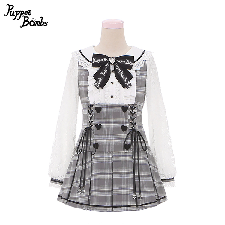 画像2: 【PuppetBombs】Q385 ハートボタンチェックレイヤード風セットアップ (2)