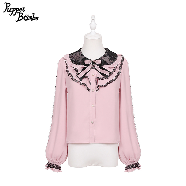画像1: 【PuppetBombs】Q392 レース重ね襟リボンブラウス (1)