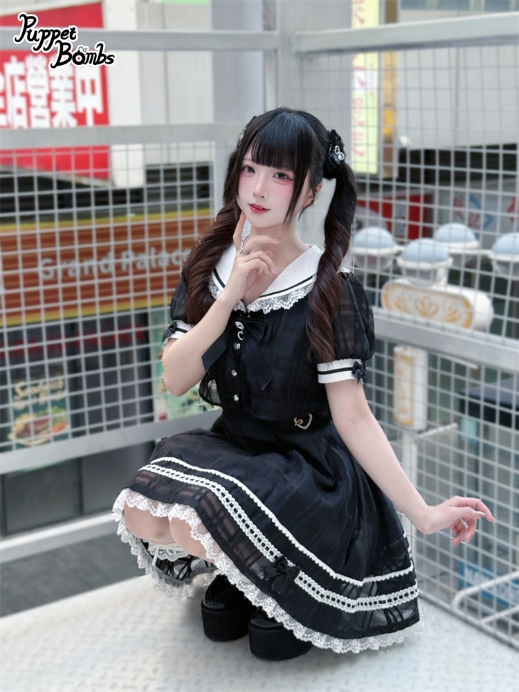 画像6: 【PuppetBombs】Q433シアーチェックレイヤード風ワンピース (6)