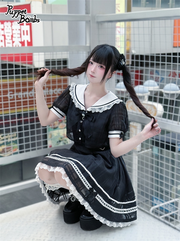 画像7: 【PuppetBombs】Q433シアーチェックレイヤード風ワンピース (7)