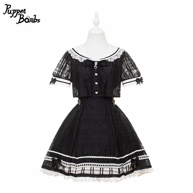 画像1: 【PuppetBombs】Q433シアーチェックレイヤード風ワンピース (1)