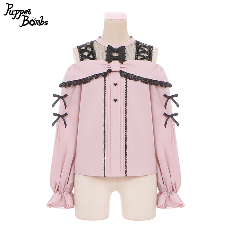 画像1: 【PuppetBombs】Q60 リボン風オフショルレーストップス (1)