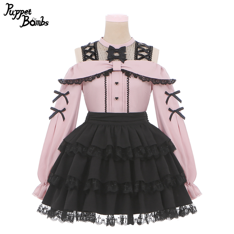 画像2: 【PuppetBombs】Q60 リボン風オフショルレーストップス (2)