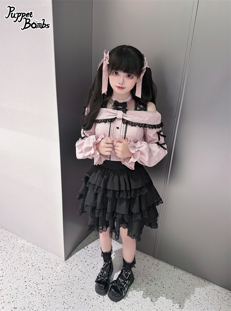 画像6: 【PuppetBombs】Q60 リボン風オフショルレーストップス (6)