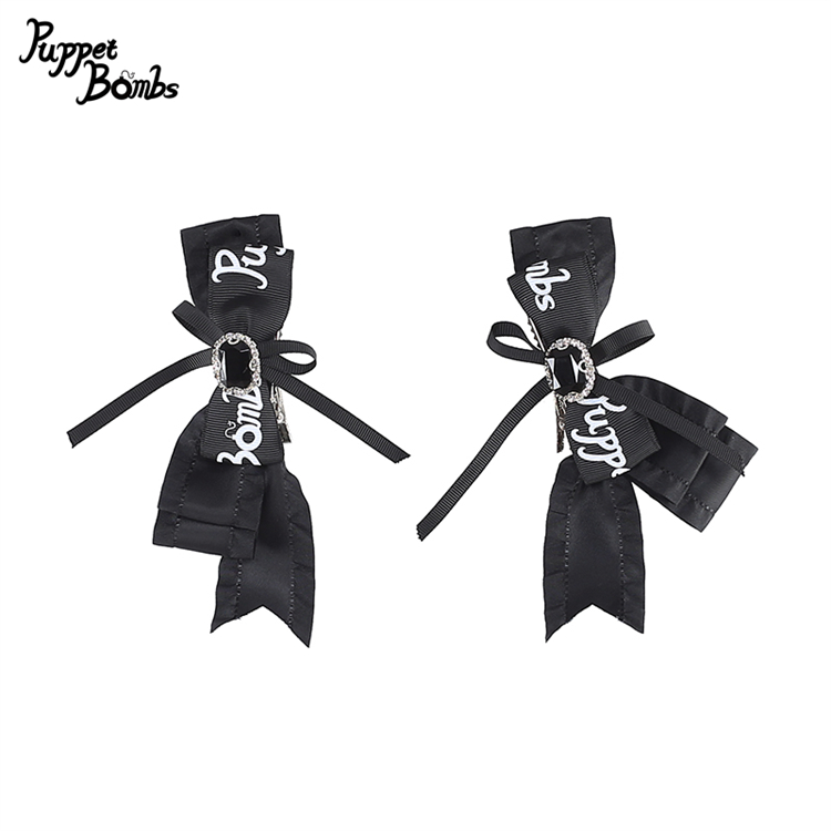 画像1: 【PuppetBombs】QS156 ロゴプリントリボンビジューヘアクリップセット (1)